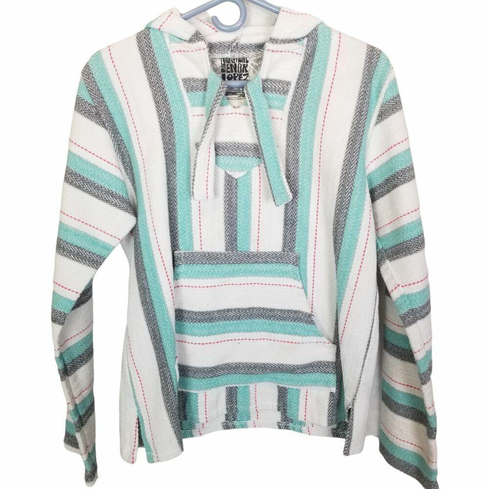 Original Senior Lopez Mexican Baja Hoodie Size L Drug Rug Hippie Poncho Striped